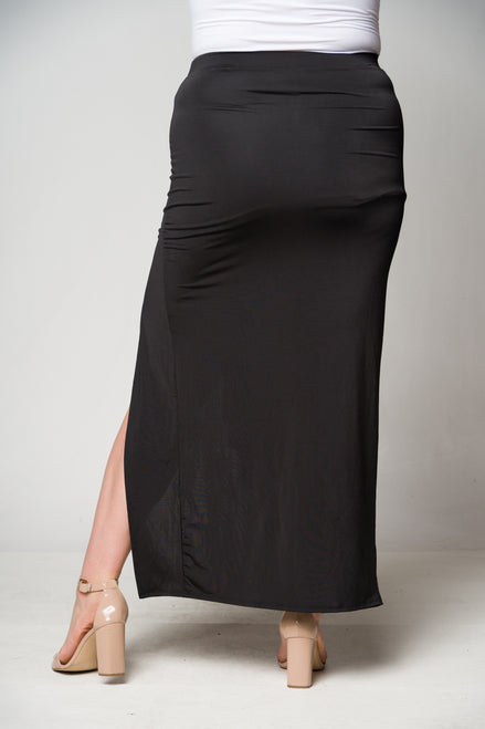BLACK, PLUS SIZE, LONG SKIRT WITH SIDE SLIT WITH RUFFLE DOWN SLIT