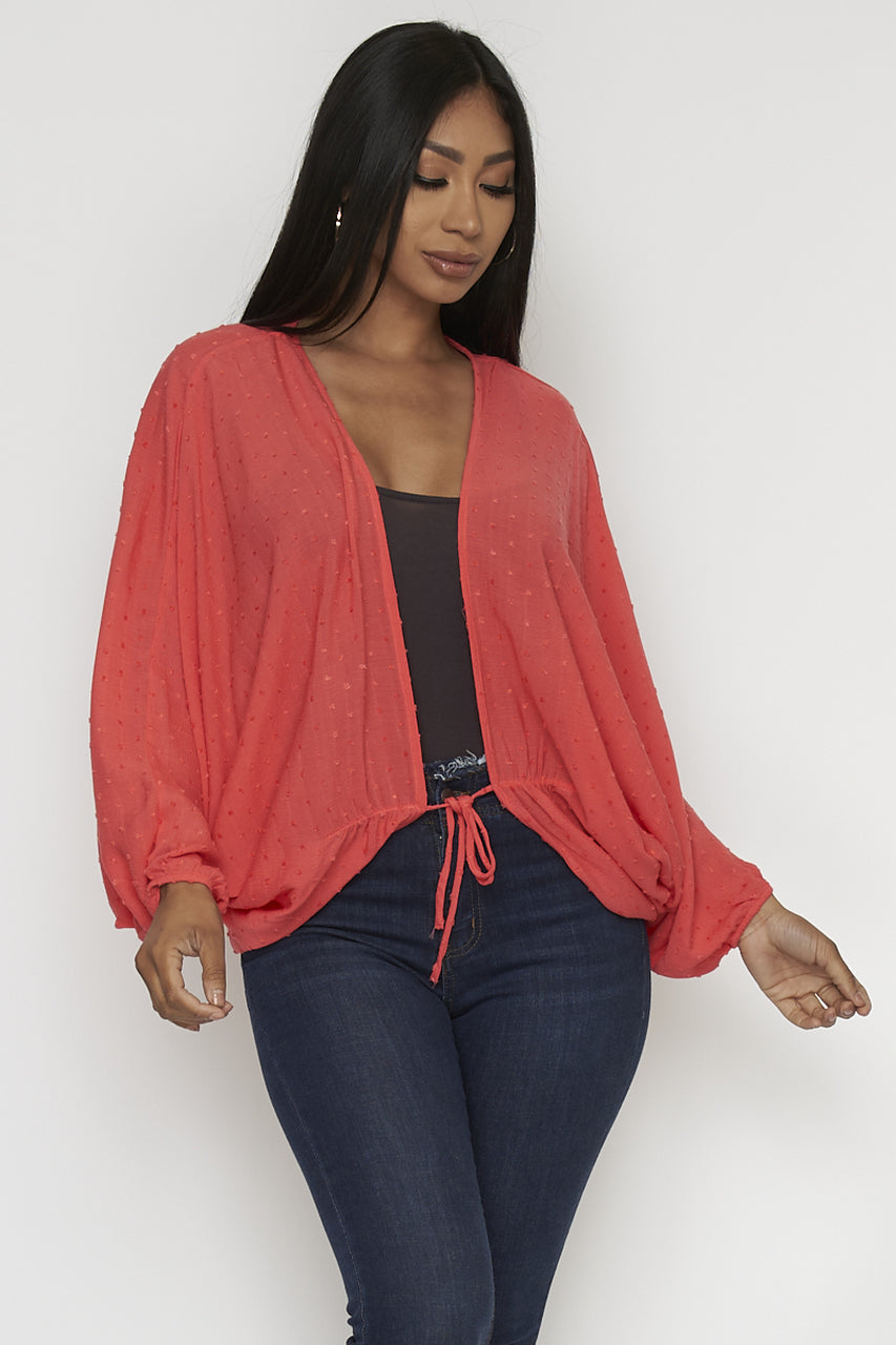 BUTTERFLY SLEEVE LIGHTWEIGHT CARDIGAN TOP WITH LACE TRIM BOTTOM TIE UP Coral/Pink Or Black