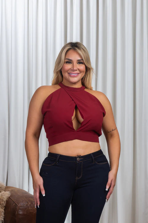 Plus Size Sleeveless Halter Neck Keyhole Bust Surplice Crop Top with Open Tie Back