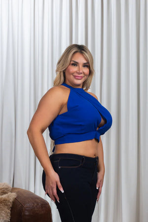 Plus Size Sleeveless Halter Neck Keyhole Bust Surplice Crop Top with Open Tie Back