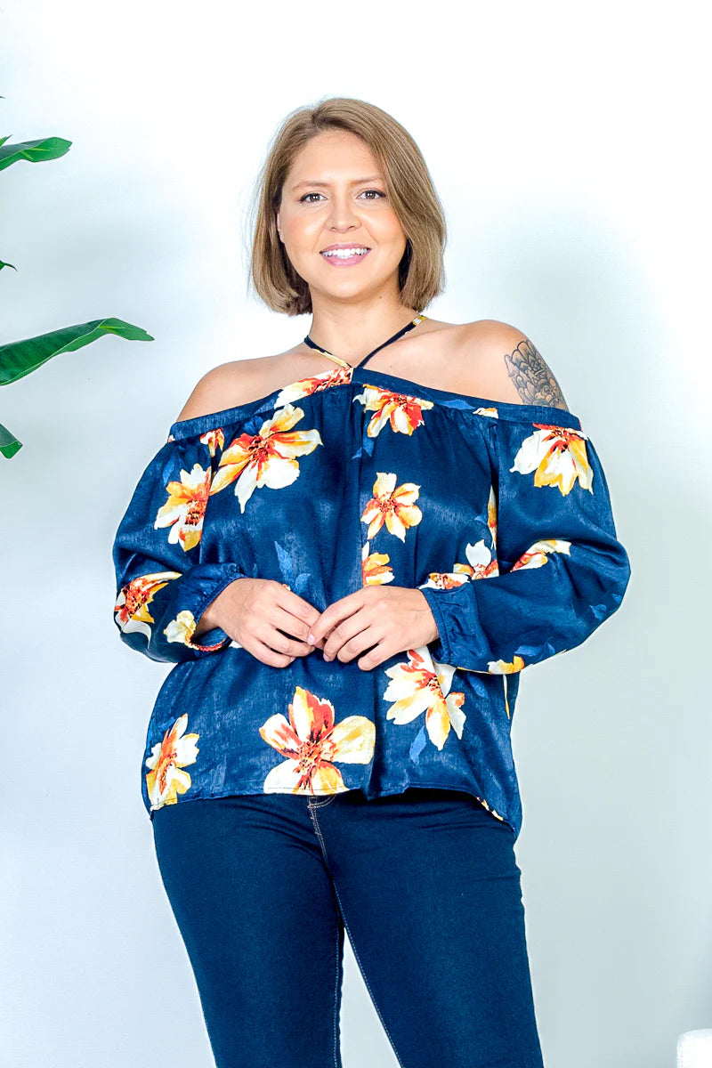 Plus Size Tropics Floral Print Off Shoulder Halter Top with Long Billowy Sleeves in Navy
