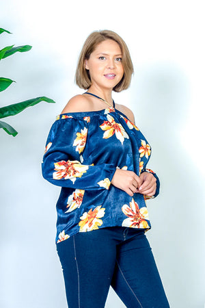 Plus Size Tropics Floral Print Off Shoulder Halter Top with Long Billowy Sleeves in Navy