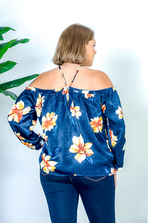 Plus Size Tropics Floral Print Off Shoulder Halter Top with Long Billowy Sleeves in Navy