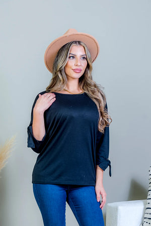 3/4 Sleeve Scoop Neck Top with Tie Detail at Cuff