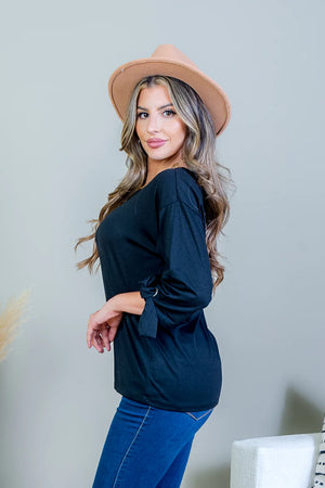 3/4 Sleeve Scoop Neck Top with Tie Detail at Cuff