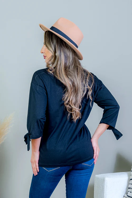 3/4 Sleeve Scoop Neck Top with Tie Detail at Cuff