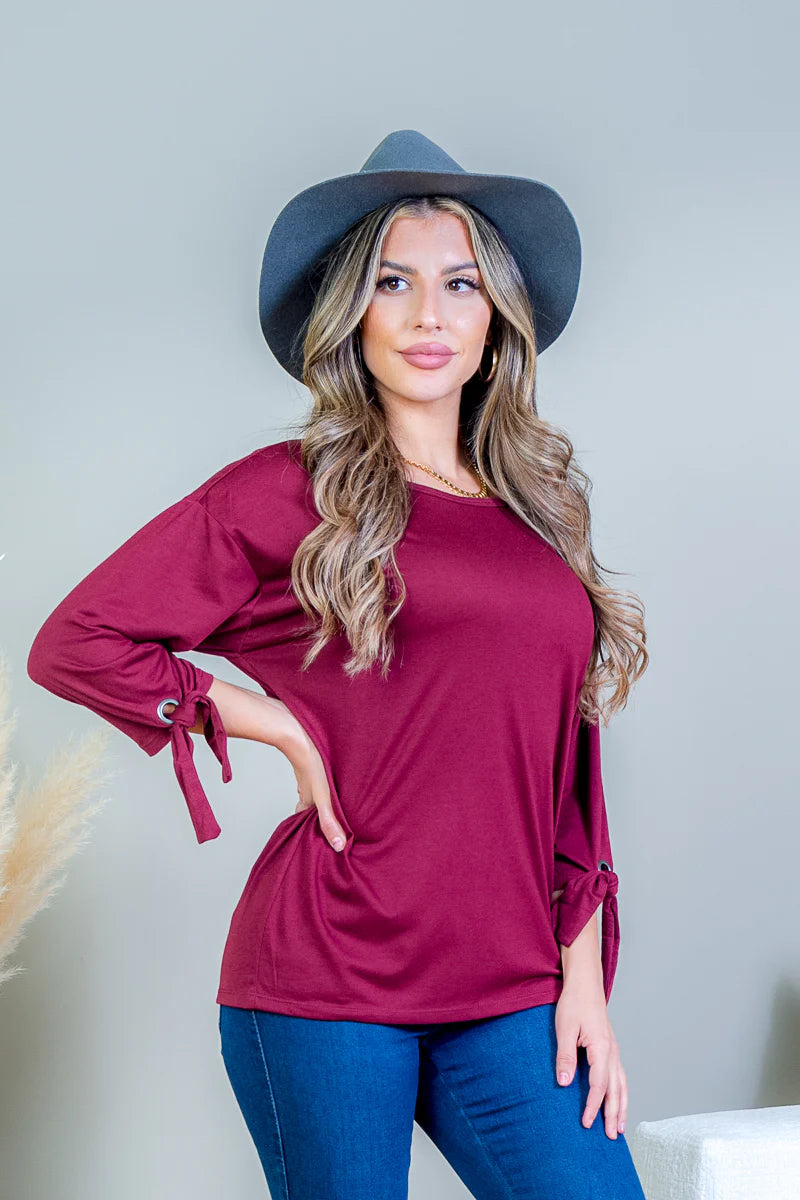 3/4 Sleeve Scoop Neck Top with Tie Detail at Cuff