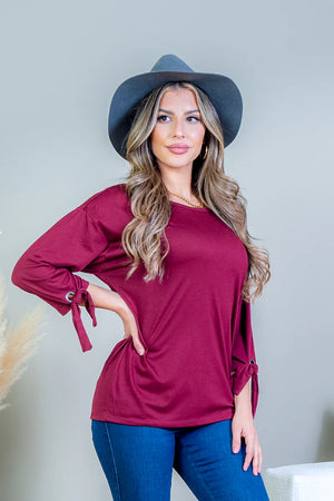 3/4 Sleeve Scoop Neck Top with Tie Detail at Cuff