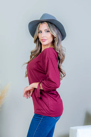 3/4 Sleeve Scoop Neck Top with Tie Detail at Cuff