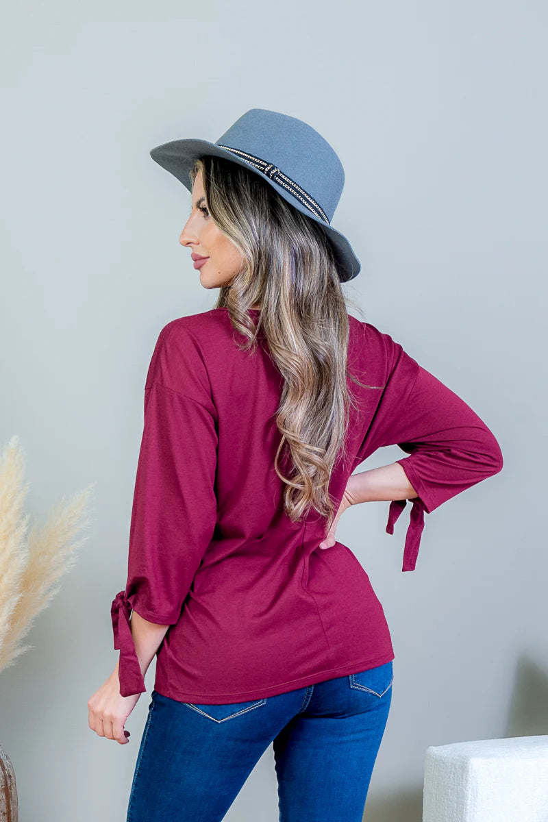 3/4 Sleeve Scoop Neck Top with Tie Detail at Cuff