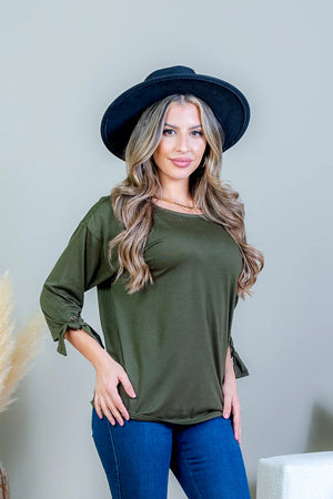 3/4 Sleeve Scoop Neck Top with Tie Detail at Cuff