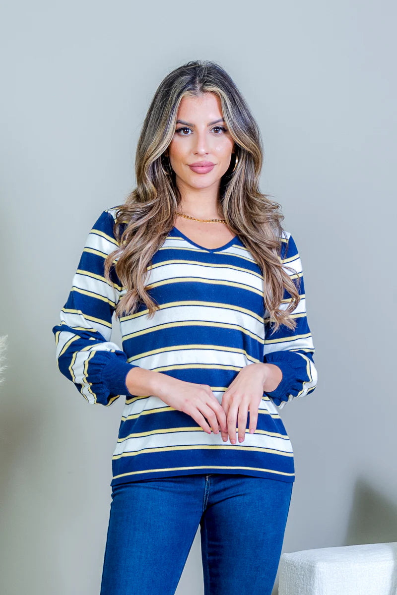 Multi Color Striped V Neck 3/4 Puff Sleeve Top with Criss Cross Back in Navy
