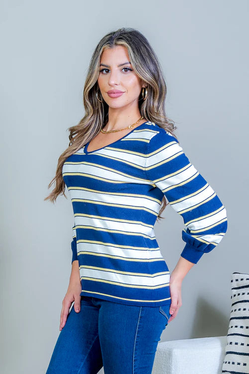 Multi Color Striped V Neck 3/4 Puff Sleeve Top with Criss Cross Back in Navy