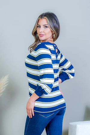 Multi Color Striped V Neck 3/4 Puff Sleeve Top with Criss Cross Back in Navy