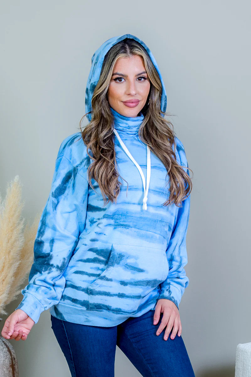 Tiger Stripe Tie Dye Long Sleeve Hoodie Sweater with Drawstrings in Tide Blue