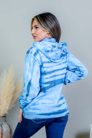Tiger Stripe Tie Dye Long Sleeve Hoodie Sweater with Drawstrings in Tide Blue