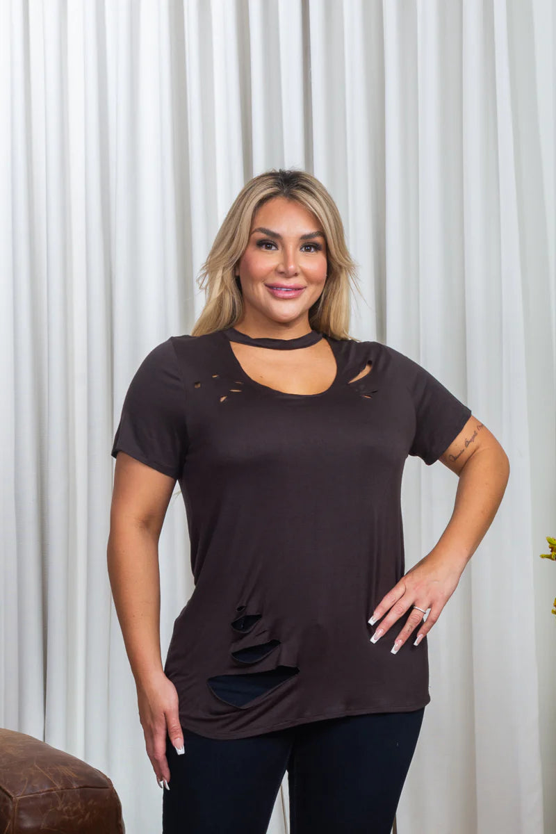 Plus Size Short Sleeve Choker Style Distressed Scoop Neck T-Shirt