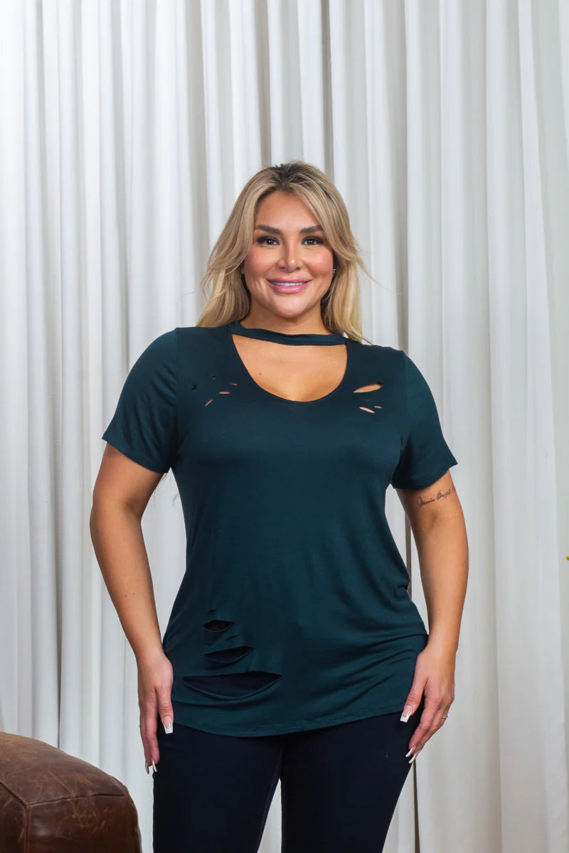 Plus Size Short Sleeve Choker Style Distressed Scoop Neck T-Shirt