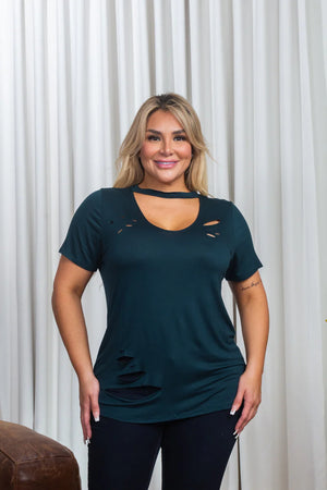 Plus Size Short Sleeve Choker Style Distressed Scoop Neck T-Shirt