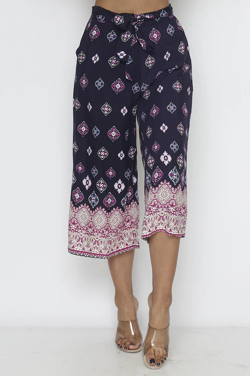 Belted Palazzo Capri Pants Printed