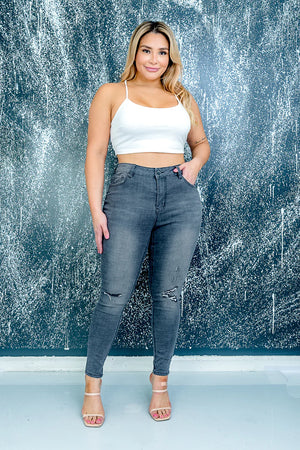 Plus Size Stretch Denim Skinny Jeans with Fading and Ripped Detail at Knee in Charcoal