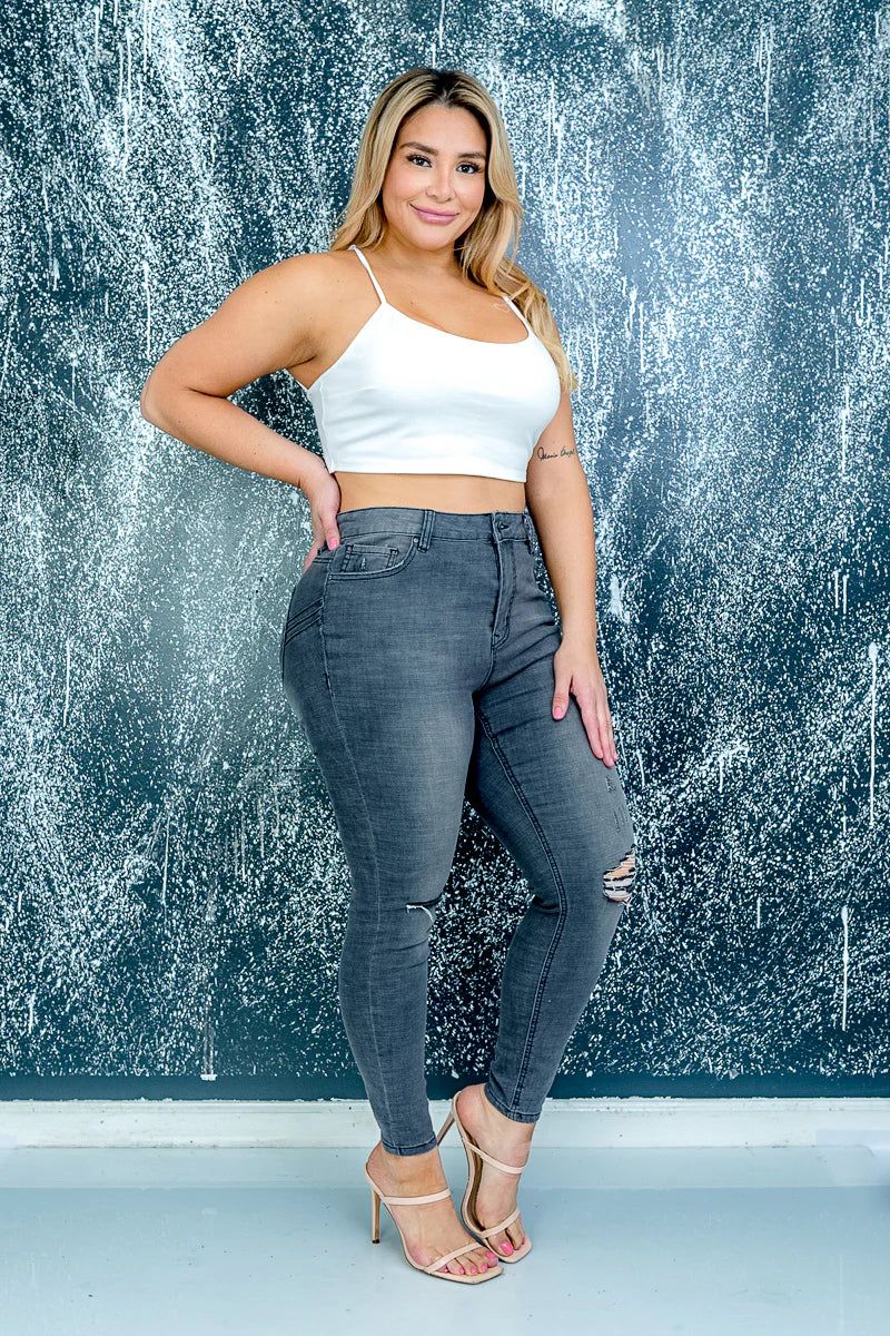 Plus Size Stretch Denim Skinny Jeans with Fading and Ripped Detail at Knee in Charcoal