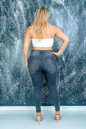 Plus Size Stretch Denim Skinny Jeans with Fading and Ripped Detail at Knee in Charcoal