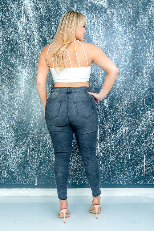 Plus Size Skinny Jeans with Light Distressing and Fringe Hem