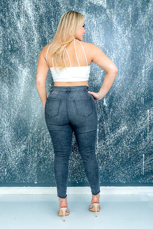 Plus Size Skinny Jeans with Light Distressing and Fringe Hem