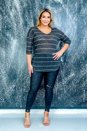 Plus Size V Neck Striped Top with Elbow Length Sleeves and Dolphin Hem