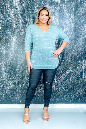 Plus Size V Neck Striped Top with Elbow Length Sleeves and Dolphin Hem