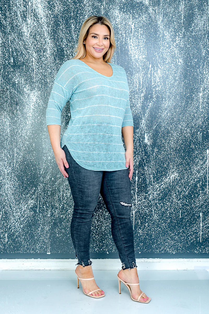 Plus Size V Neck Striped Top with Elbow Length Sleeves and Dolphin Hem