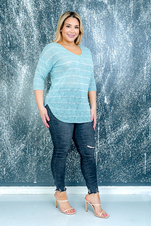 Plus Size V Neck Striped Top with Elbow Length Sleeves and Dolphin Hem