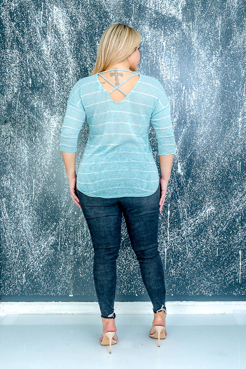 Plus Size V Neck Striped Top with Elbow Length Sleeves and Dolphin Hem