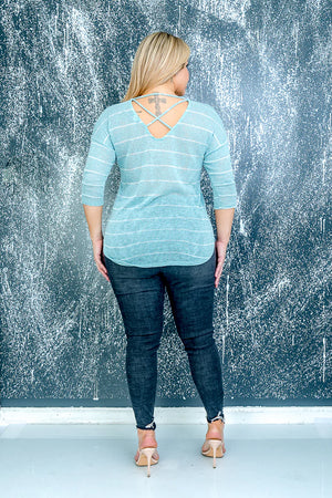 Plus Size V Neck Striped Top with Elbow Length Sleeves and Dolphin Hem