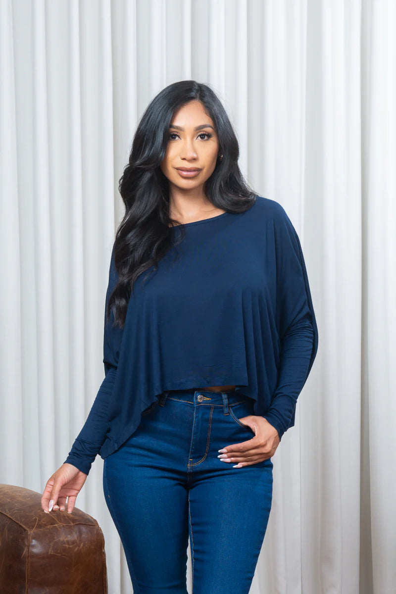 3/4 Sleeve Oversized Round Neck Crop Top