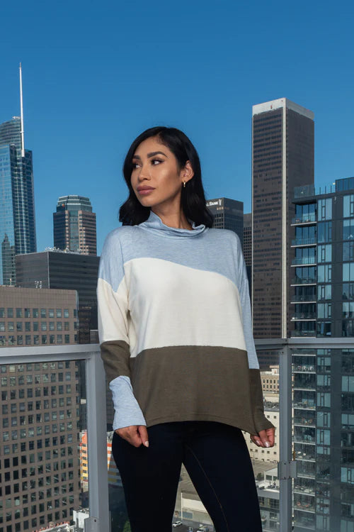 Tri-Color Asymmetrical Fabric Cowl Neck Long Sleeve Top
