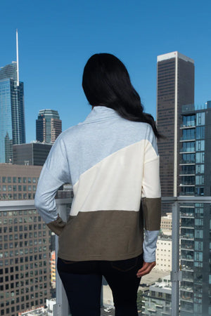 Tri-Color Asymmetrical Fabric Cowl Neck Long Sleeve Top