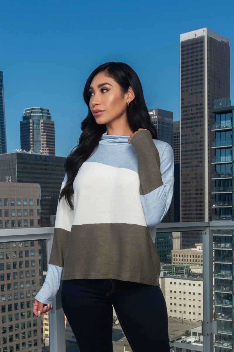 Tri-Color Asymmetrical Fabric Cowl Neck Long Sleeve Top