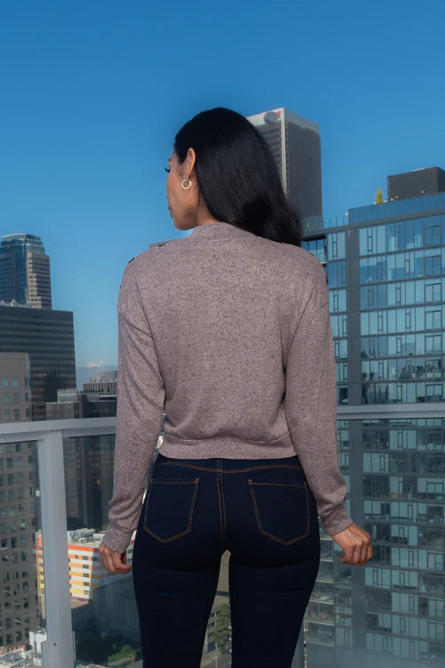 Soft Long Sleeve Round Neck Top W/ Fake Buttons on Shoulders & Front Bow Tie