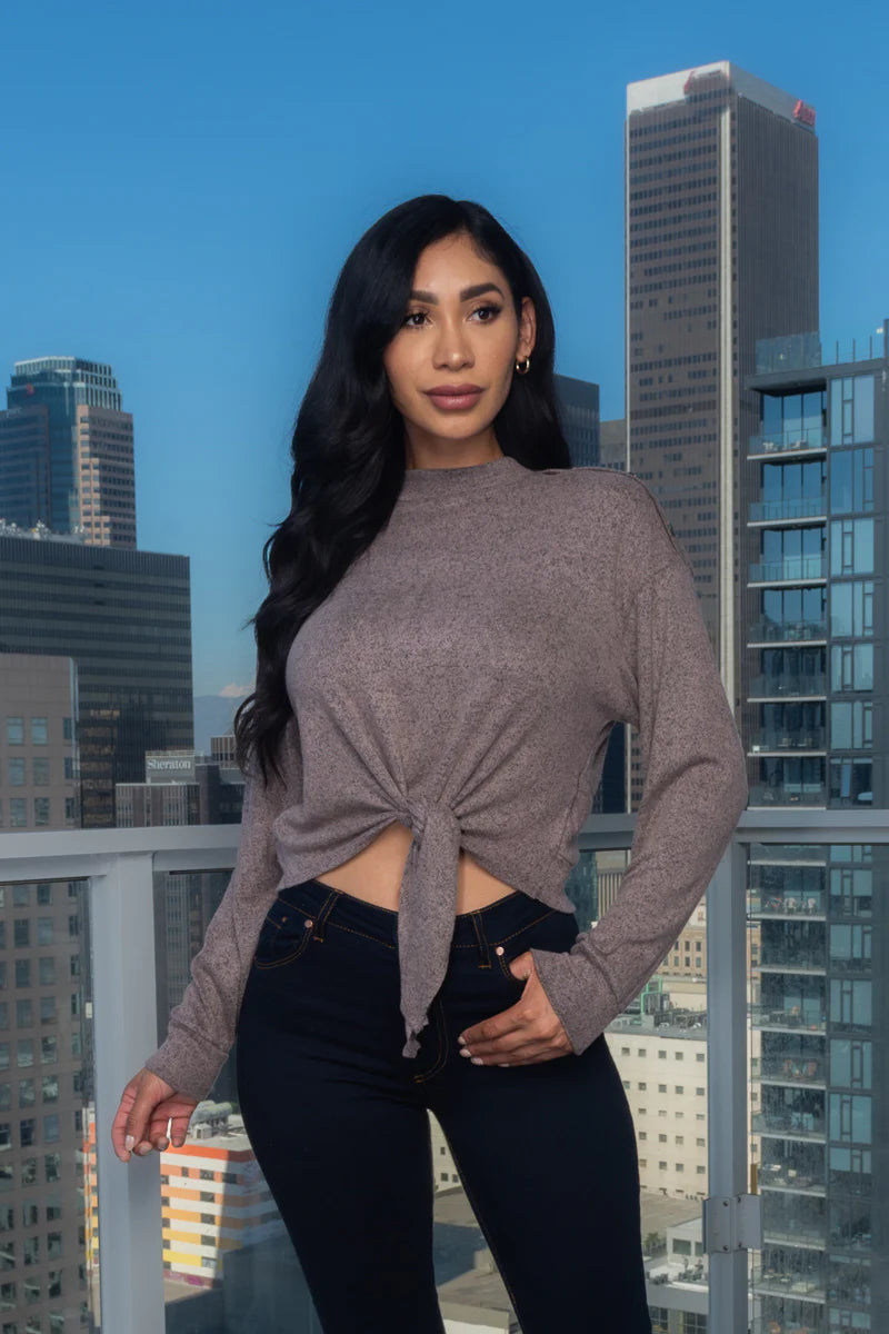 Soft Long Sleeve Round Neck Top W/ Fake Buttons on Shoulders & Front Bow Tie