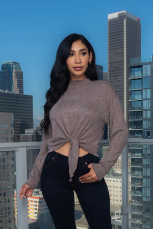 Soft Long Sleeve Round Neck Top W/ Fake Buttons on Shoulders & Front Bow Tie