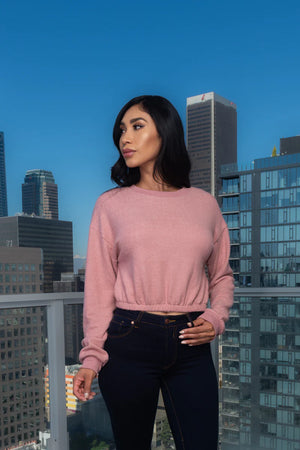 Soft Pull Over Round Neck Crop Sweater W/ Elastic on Waist