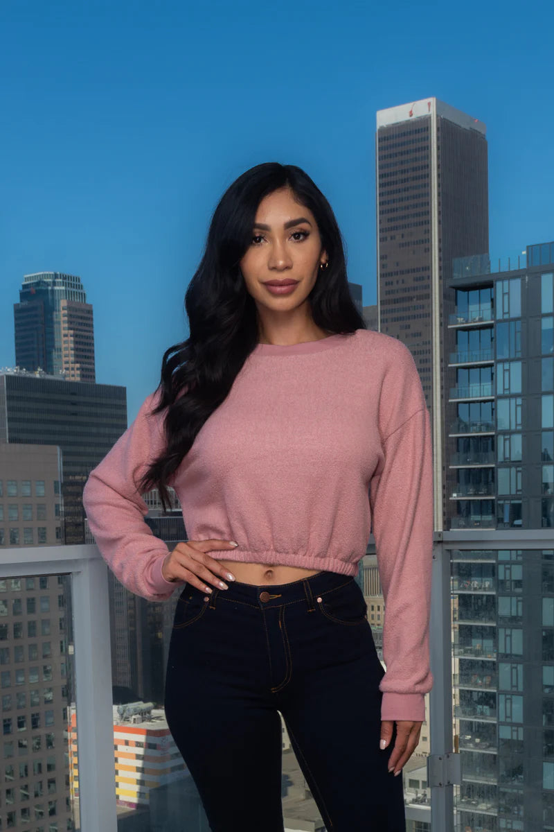 Soft Pull Over Round Neck Crop Sweater W/ Elastic on Waist