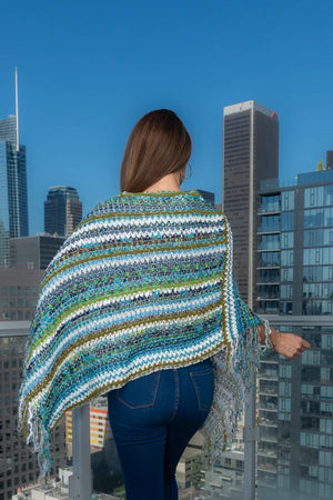 Woven V-Neck Fringe Light Multicolor Poncho Shaw