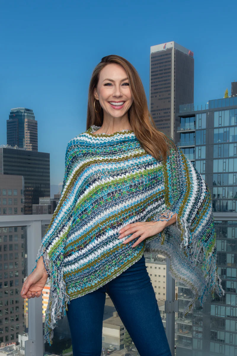 Woven V-Neck Fringe Light Multicolor Poncho Shaw