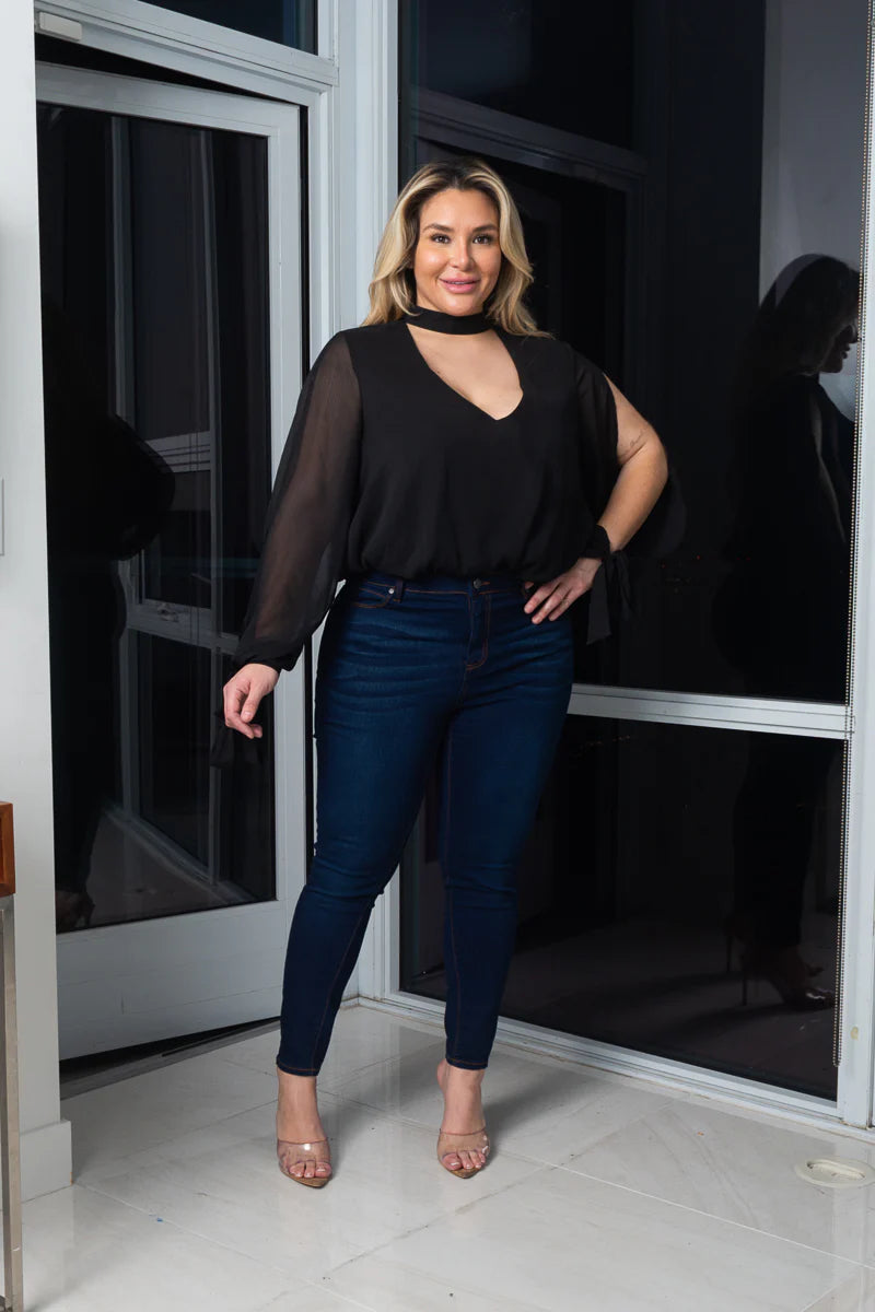 Plus Size Chocker Neckline Open Sleeves Bodysuit W/ lining