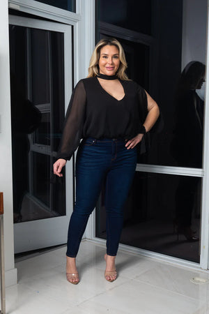 Plus Size Chocker Neckline Open Sleeves Bodysuit W/ lining