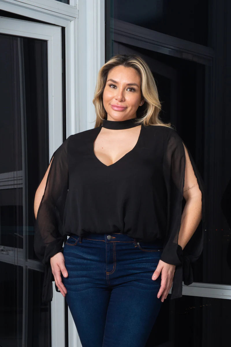 Plus Size Chocker Neckline Open Sleeves Bodysuit W/ lining