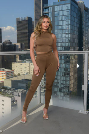 2PC. Set - Mock Neck Sleeveless Crop Top and High Waist Legging - Brown
